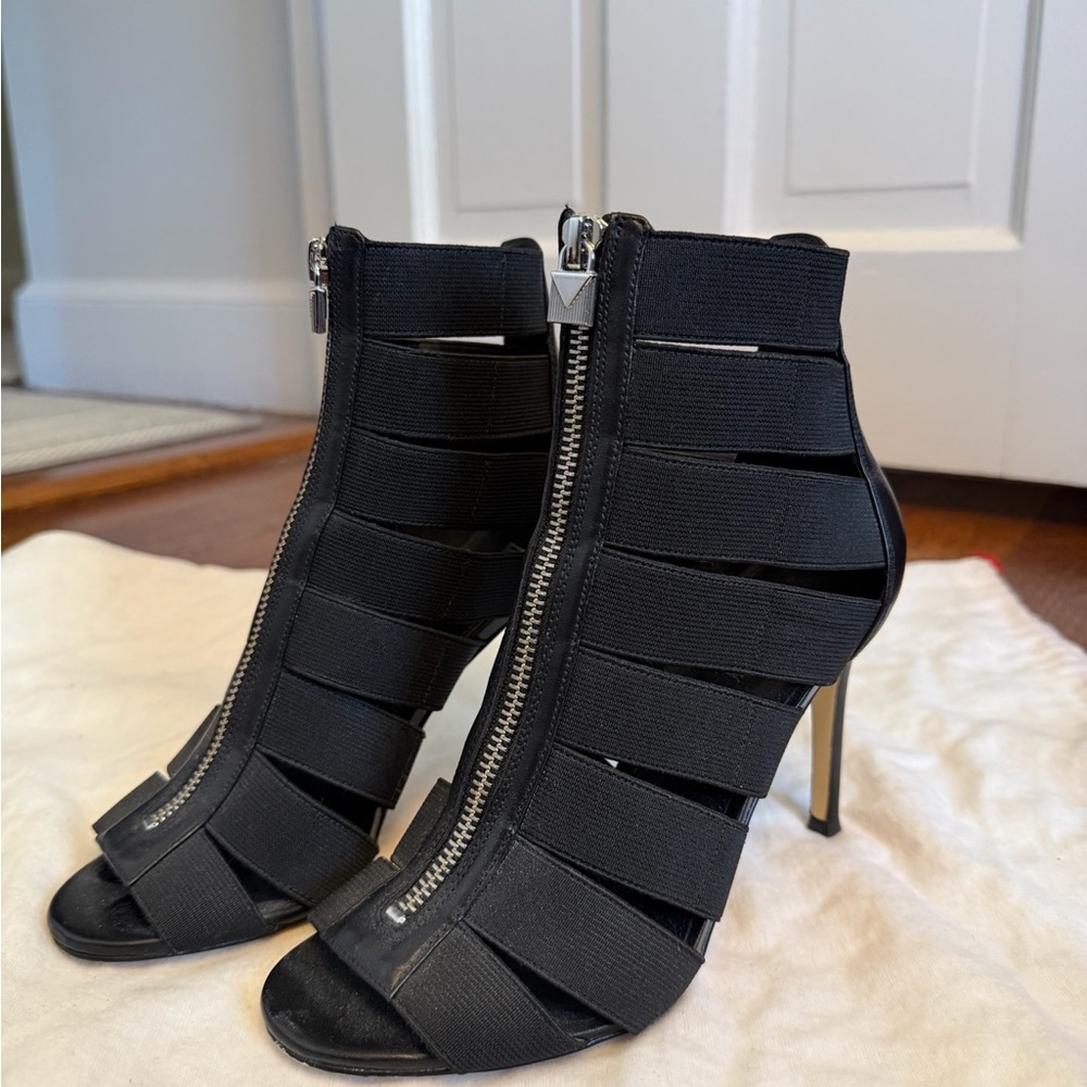 Michael Kors Black Strappy Zip Peep-Toe Stiletto Booties